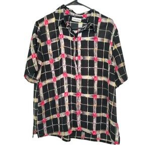 Alfred Dunner Vintage Grid Print Short Sleeve Button Up Blouse Size 16